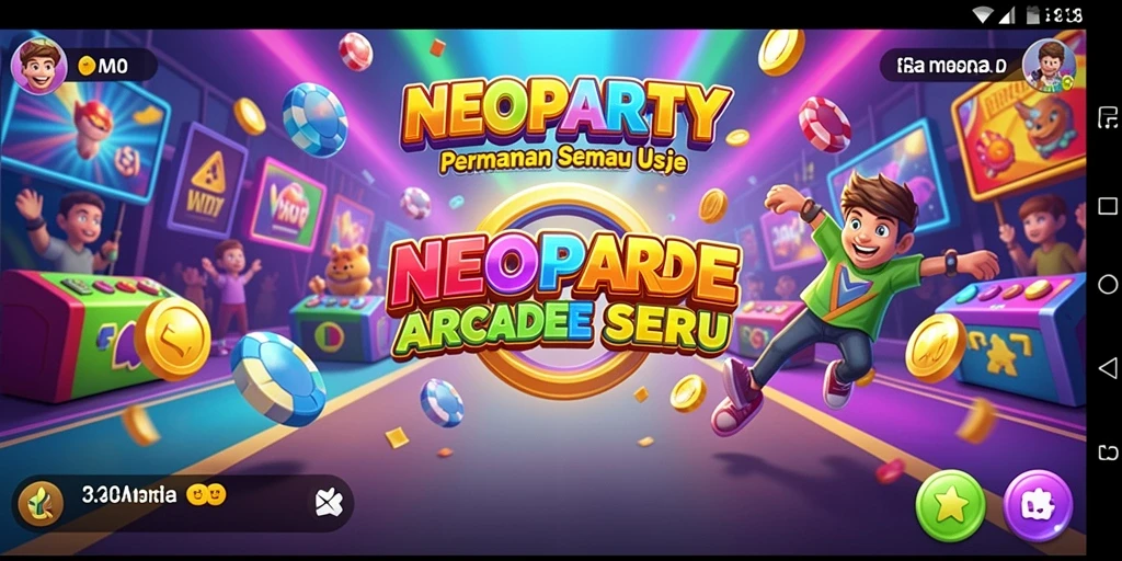 Tampilan gameplay seru dari NEOPARTY dengan warna cerah dan karakter lucu.