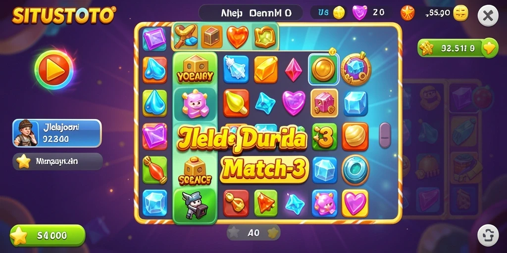 Tampilan gameplay seru dalam SITUSTOTO yang dikelilingi warna-warni objek Match-3.