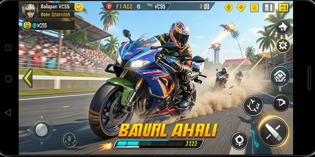 Tampilan gameplay balapan motor yang mendebarkan dan realistis.